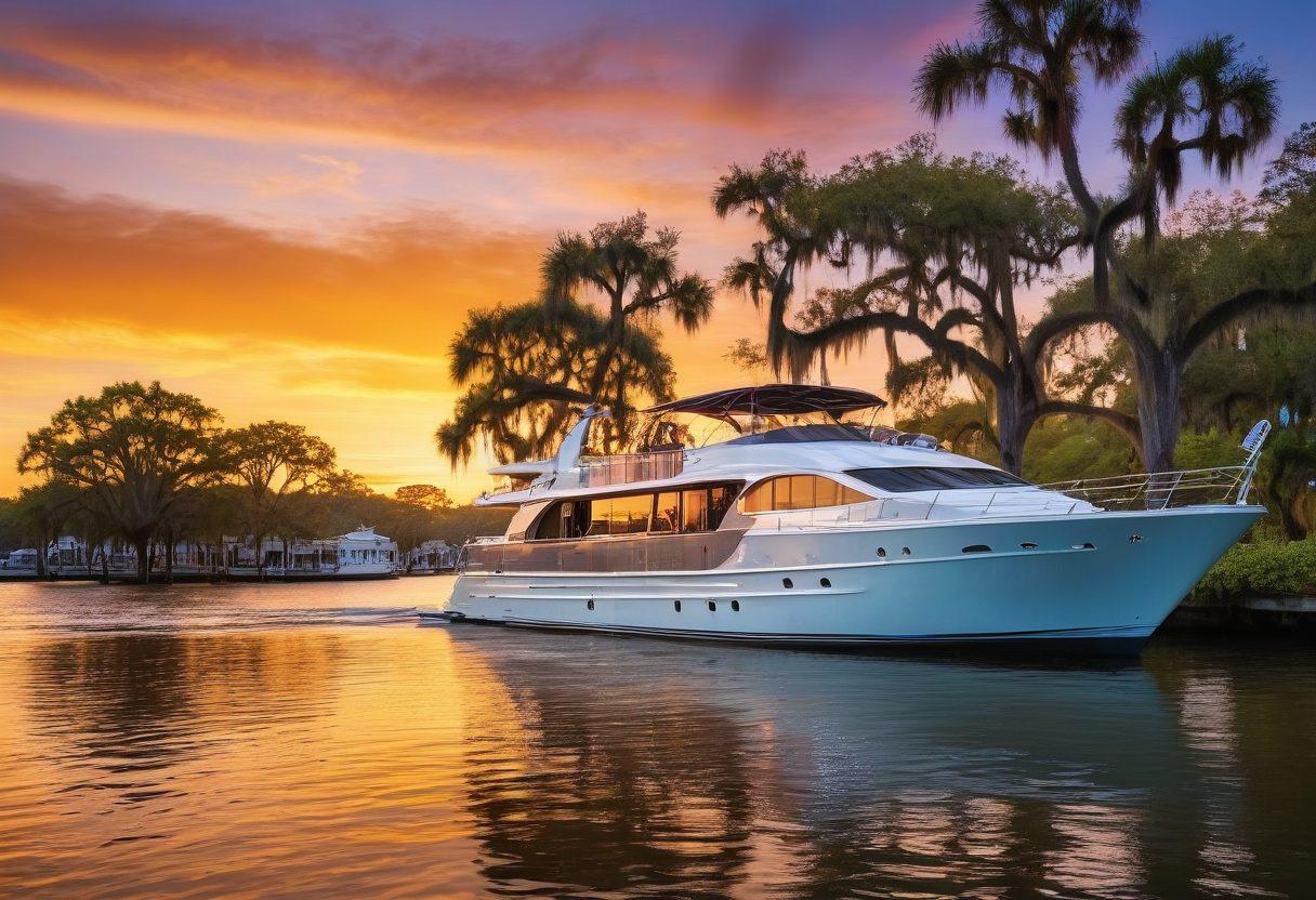 A scenic view of New Orleans' vibrant waterways, featuring a sleek yacht adorned with colorful sails under a bright blue sky. Surrounding the yacht are iconic landmarks like the French Quarter and live oak trees with Spanish moss. The water reflects the warm golden hues of the sunset, inviting boaters to explore. Include subtle elements of insurance papers or coverage icons swirling in the water, symbolizing essential yacht coverage solutions. super-realistic. vibrant colors. sunset ambiance.