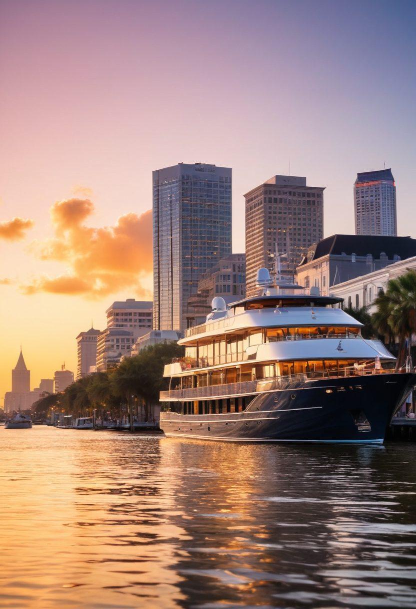 A serene scene of a luxurious yacht gliding through the vibrant waters of New Orleans, with the iconic skyline and historic architecture in the background. The yacht's deck is filled with people enjoying the sun, while a subtle overlay of insurance contracts and financial documents blends seamlessly into the water. Soft, inviting colors create a warm atmosphere, highlighting both relaxation and responsibility. super-realistic. vibrant colors. picturesque background.
